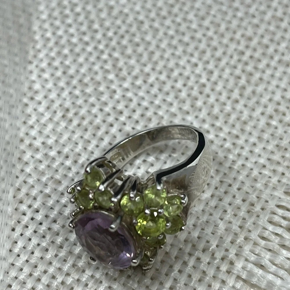 Vintage SETA Sterling Silver Amethyst & Peridot Cluster Ring Size 5 - Picture 8 of 16
